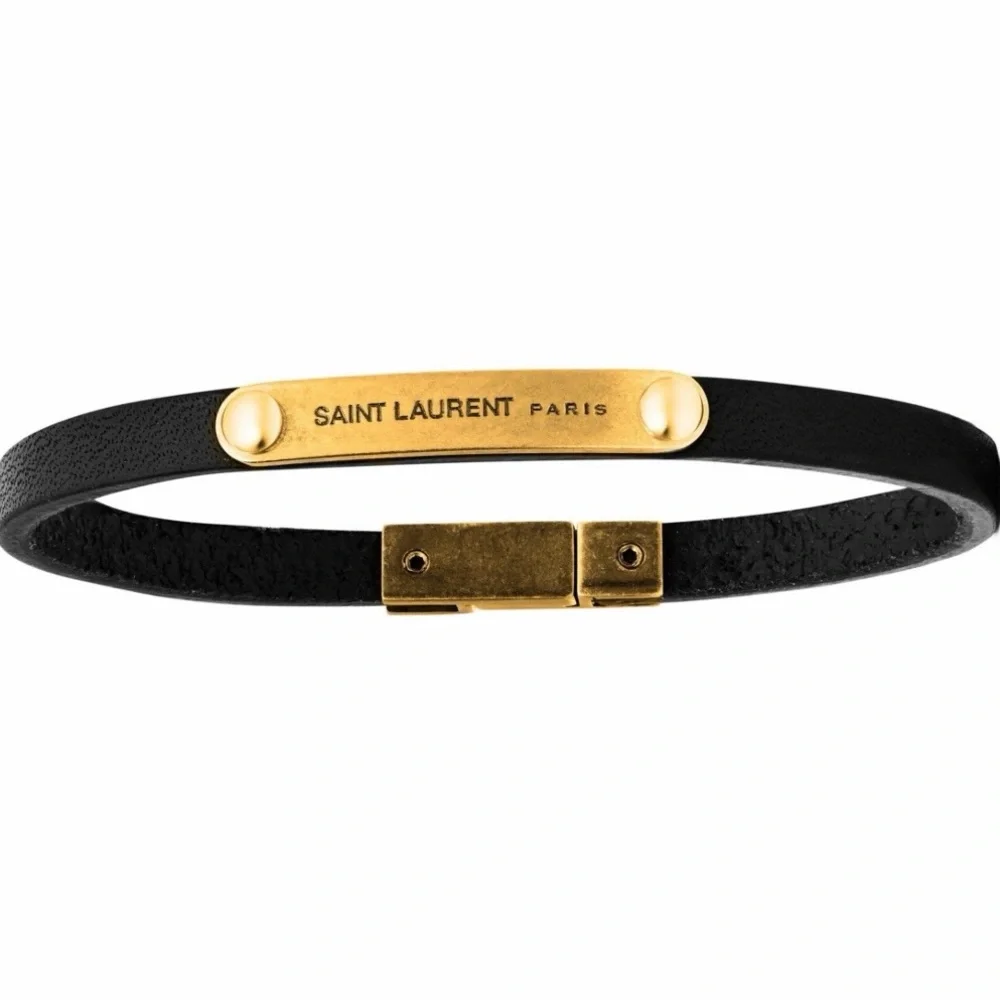 Saint Laurent Unisex Black Leather Bracelet with Gold Plate